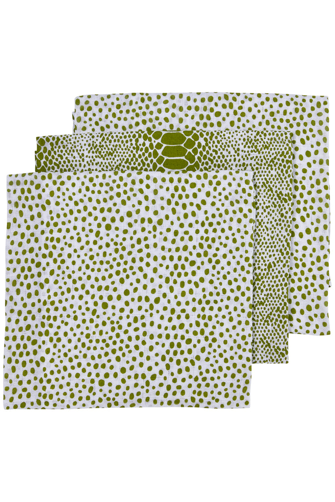 Meyco 3 pack hydrofiele luiers,70x70 cm, 100%katoen , 2x wit groene stippen, 1x wit groen slangprint, €12,95